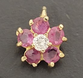 SMALL VINTAGE 14K GOLD PINK SAPPHIRE & DIAMOND FLOWER PENDANT