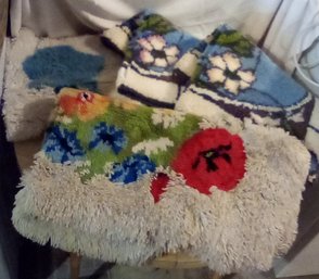 Four Completed Hand Crafted Latchhook Rugs - 2 Matching Floral, 1 Additional Floral & Holly Hobby /Bsmt