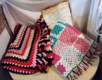 Three Hand Crocheted Blankets In Different Colors & Styles  /Bsmt