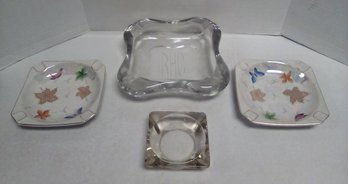 4 Ashtrays - Heavy Clear Monogrammed, 2 Irridescent Gilded, 1 Yellow Tinted  C4/CT