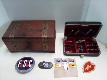 Peterson Bros. Cedar Box, Cufflinks/tie Clips/pins In Box, Enameled Pins & Alfa Rom. Keychain MBurD4