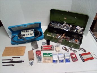 Vintage Green Metal Union Odds & Ends Hardware Tool Box & Easy-Test Portable 12 V Air-Inflator #MC901 MBur/D4