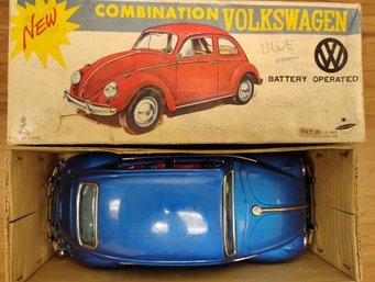 1960s Tin Litho Battery Operated VW Beetle 10 Inch Car In Box