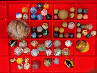 Great Lot Of Old Clay And Glass Marbles With Swirls,  Large Shooter Etc