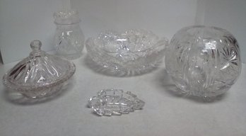 5 Piece Cut Glass Lot With Vase, Lidded Jar, Lidded Bowl, Trinket Dish & Large Bowl  FL/D3