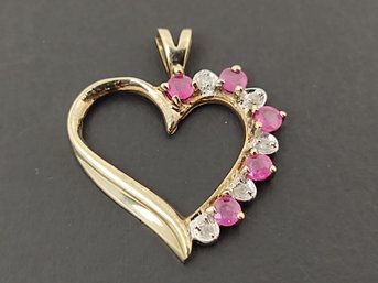 VINTAGE 10K GOLD RUBY & DIAMOND HEART PENDANT