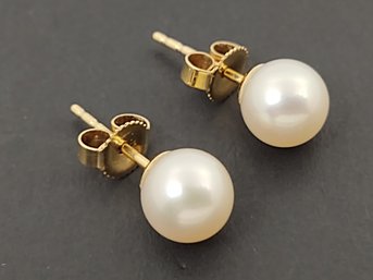 VINTAGE MIKIMOTO BLUE LAGOON 14K GOLD 6.75mm PEARL STUD EARRINGS IN BOX