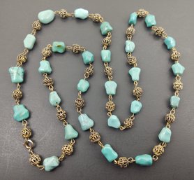 VINTAGE CHINESE FILILGREE STERLING SILVER & NATURAL TURQUOISE NUGGET BEADS NECKLACE