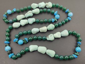 ANTIQUE CHINESE PEKING GLASS NATURAL TURQUOISE NUGGET & MALACHITE NECKLACE