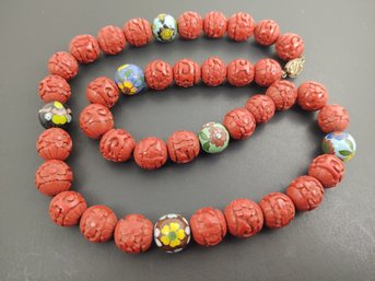 VINTAGE CHINESE CINNABAR & CLOISONNE BEADED NECKLACE