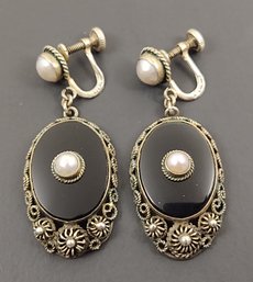 ANTIQUE VICTORIAN STERLING SILVER FILIGREE PEARL & BLACK JET GLASS MOURNING EARRINGS