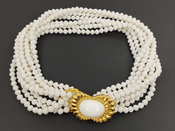 VINTAGE DESIGNER JUDITH McCANN GOLD TONE & MULTI STRAND MILK GLASS BEADS NECKLACE