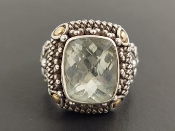 BEAUTIFUL VINTAGE STERLING SILVER / 18K GOLD AQUAMARINE RING