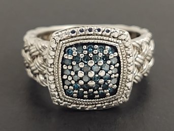 BEAUTIFUL STERLING SILVER BLUE DIAMOND CLUSTER BASKET WEAVE SHANK RING