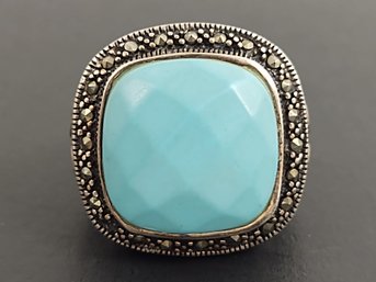 VINTAGE STERLING SILVER FAUX TURQUOISE & MARCASITE RING