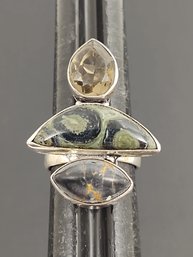 VINTAGE STERLING SILVER SMOKY GLASS & JASPER RING