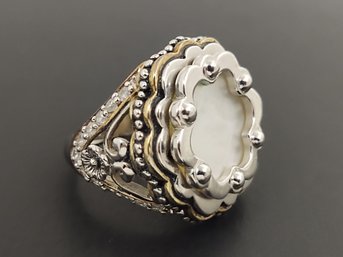 BEAUTIFUL STERLING SILVER W/ GOLD ACCENTS MOTHER OF PEARL & CZ RING