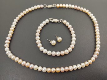 VINTAGE STERLING SILVER 6mm PEARL NECKLACE BRACELET & EARRINGS SET