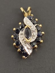 BEAUTIFUL GOLD OVER STERLING SILVER BLUE SAPPHIRE & TINY DIAMOND PENDANT