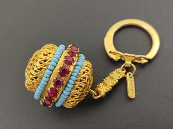 VINTAGE DESIGNER FLORENZA GOLD TONE RHINESTONE & FAUX TURQUOISE KEY CHAIN