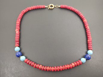 VINTAGE GOLD FILLED RED CORAL LAPIS & TURQUOSE BEADED NECKLACE