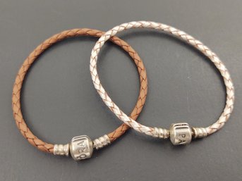 GROUP OF 2 AUTHENTIC PANDOR STERLING SILVER BRAIDED LEATHER BRACELETS