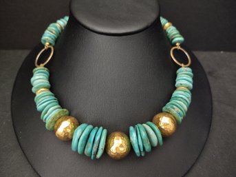 HIGH END DESIGNER CAROL TOBIN GOLD OVER STERLING SILVER & TURQUOISE DISK NECKLACE