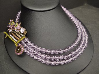 DESIGNER HEIDI DAUS MULI STRAND AMETHYST GLASS & CRYSTAL WHEELBARROW FLOWERS NECKLACE