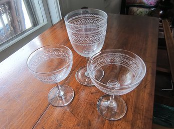 Large Set Of Vintage Crystal Wine, Champagne, And Cordial Glasses With Lacy Pattern Rim