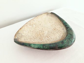 Amazing Vintage Hammered Metal And Stone Shallow Bowl