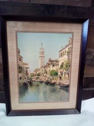 Old Vienna Print - Wood Framed - Wood Mat - Gondolas Working In The City-rico Is Artist Name In Print  BB/WAB