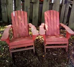 Pair Of Red Painted Wood Adirondack Chairs For Relaxed Outdoor Steady Seating