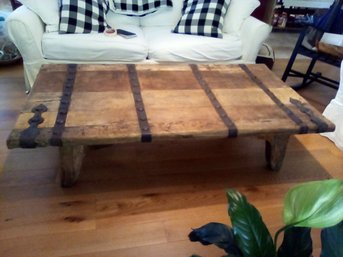 Unique Aged Solid Wood -  Mortise And Tendon Coffee Table With Blacksmith Metal Strapping & Hardware   LR