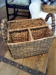 Rustic Large Woven Handled Basket With 3 Compartments - Picnic Basket Or Store Files, Laptops, & More      LR