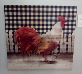 Large Country Style Rooster Artwork Printed On Wood Frame Includes Gingham Background & Fence Image (Kitchen)