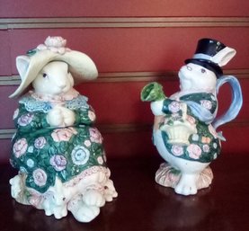 Cute Ceramic Fitz And Floyd 1991 Rabbit Cookie Jar & 1-1/8 Quart Bunny Pitcher (Kitchen)