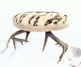 Unusual Footstool / Ottoman With Antler Legs And Velvet Fabric