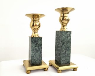 Two Vintage Candlestick Holders In Stone And Brass - See Matching Obelisks In This Sale