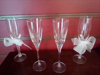 2 Sets Of Elegant Champagne Toasting Flutes -  Heart Charm Style & Disaronna - 9-1/4 Inch High   (LR)