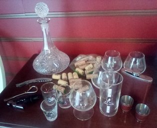 BAR LOT Beautiful Crystal Decanter, Leather Clad Flask Set, Whiskey & Etched Brandy Glasses, Corkscrews, Corks