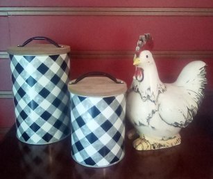 Kitchen Trio - Wood Or Resin Rooster & 2 Checkered Metal Cannisters With Wood Lids