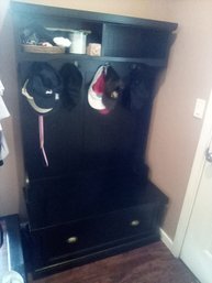 Open Mudroom Closet - Top Cubbies  4 Double Hooks- Seat - 2 Compartments Lower Area Behind Pull Down Door  Den