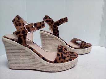 Ladies Vicki-vickie 8-1/2 Wedge Sandles With Animal Print Suede Like Strap & Brass Style Hardware