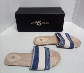 Yosi YS Samra Ladies Size 8 Reese Slide -Rubber Soles, Birch/mezzo Blue - Leather Under Cotton Top Band