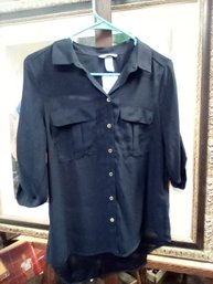 H&M New Never Worn Size 8 Ladies Blue Silky Button Down Blouse With Adjustable Sleeves