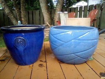 Two Large Blue Glazed Ceramic Plant & Flower Planters- Great Indoor & Outdoor Use