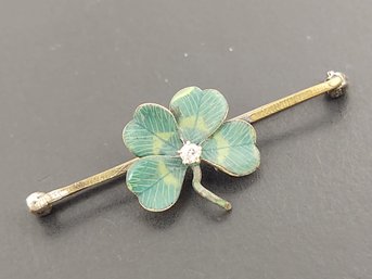 ANTIQUE 14K GOLD ENAMEL DIAMOND 4 LEAF CLOVER BAR PIN