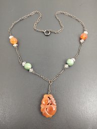 ANTIQUE CHINESE STERLING SILVER CARVED CARNELIAN & HARDSTONE PEACH DROP NECKLACE