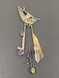 VINTAGE ARTISAN MADE STERLING SILVER MULTI GEMSTONE & CRYSTAL PENDANT W/ GOLD ACCENTS