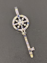 STUNNING STERLING SILVER BLUE SAPPHIRE & COLORED CZ SKELETON KEY PENDANT